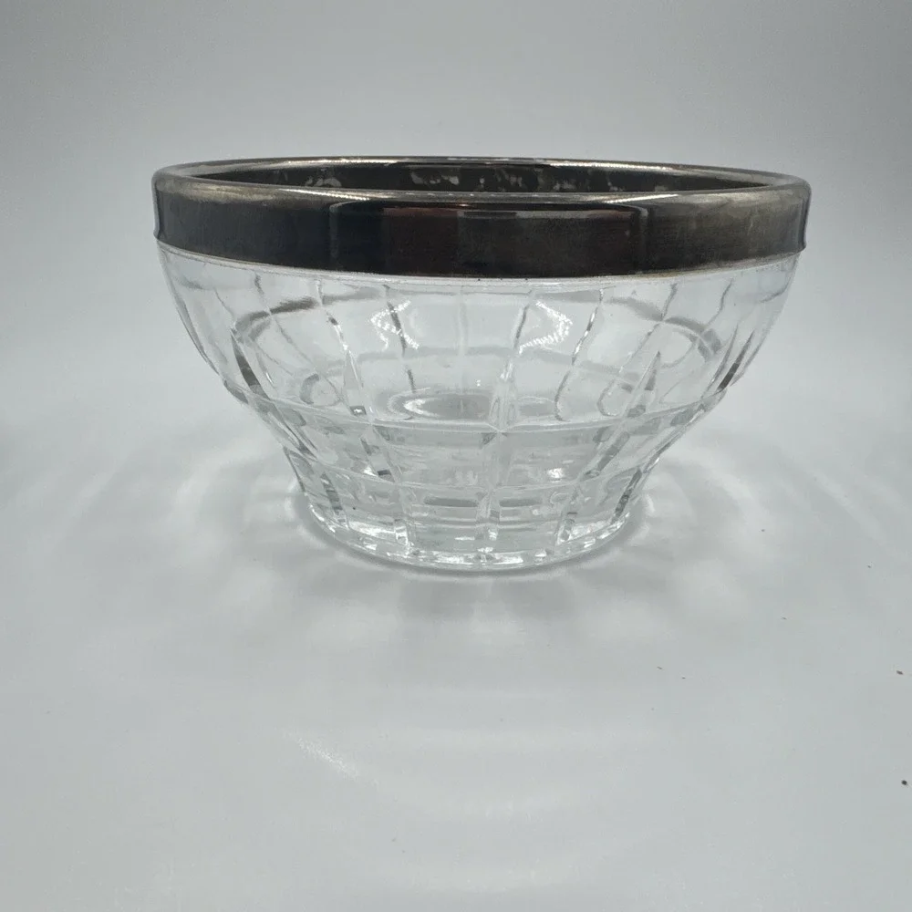 Vintage Cut Glass Bowl Silver Plated Rim Salad Fruit Nut Bowl Italy 4.5